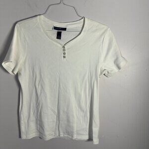 Womens Karen Scott Petites White Shirt Top Blouse Womens Short Sleeve PL KFT